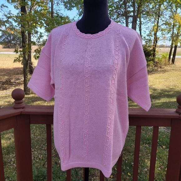 Pronto Moda Ladies Vintage Pink Short Sleeve Embellished Pullover Knit Sweater X - Picture 1 of 16